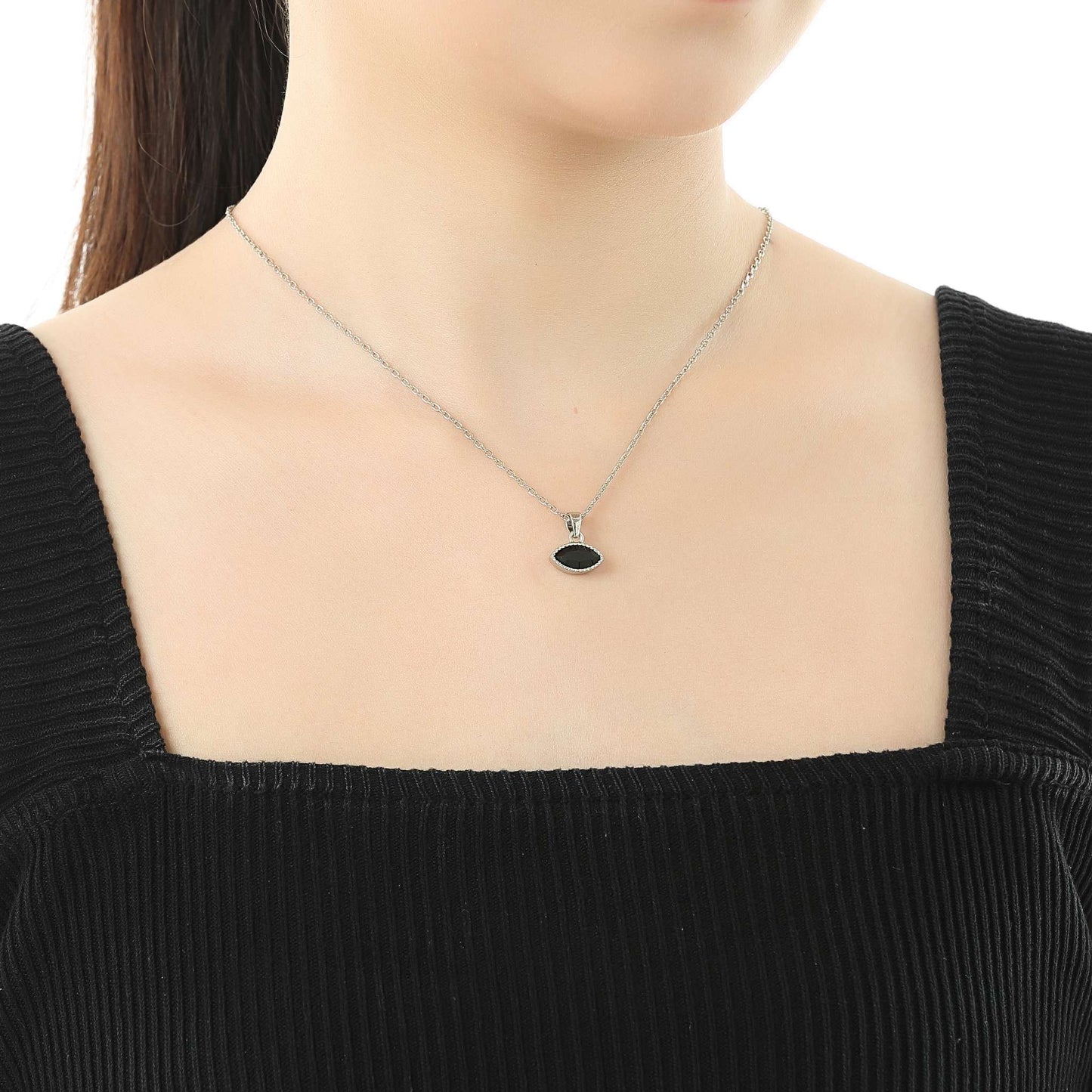 Kette mit Anhänger Navette, silber schwarz